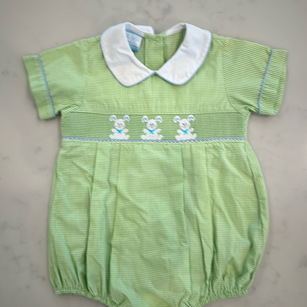 Easter Petit Bebe 18M smocked bunny bubble